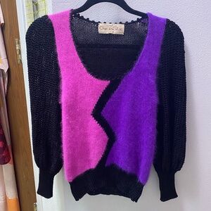 Vintage Vivanti Knit Bowie 80's Colorblock Sweater Wool Rayon Angora